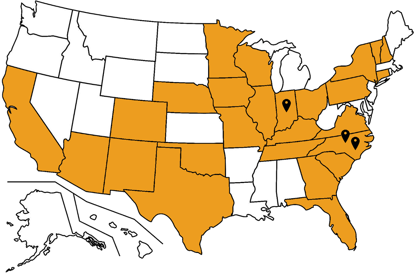 Map of the United States showing the states True IP Solutions serves